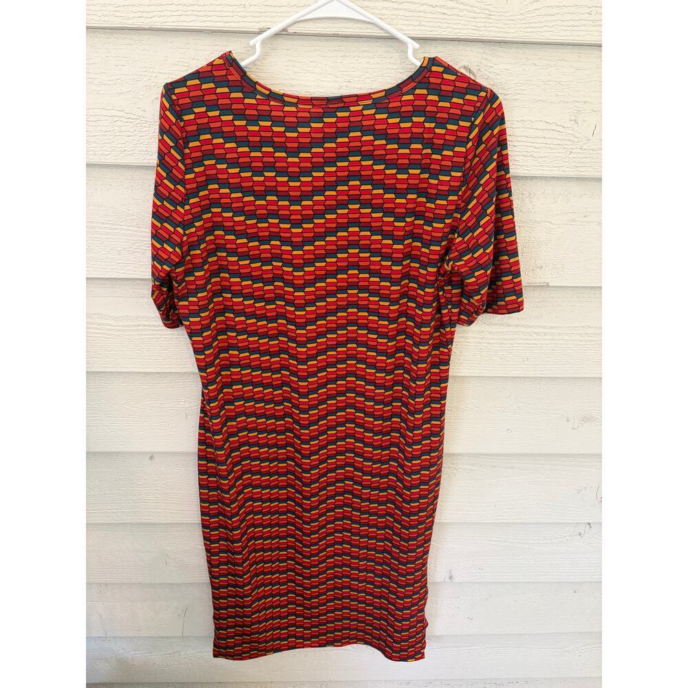 LuLaRoe Julia Dress Size Large Geometric Print Red Blue Mustard High Side Slits - Picture 6 of 7
